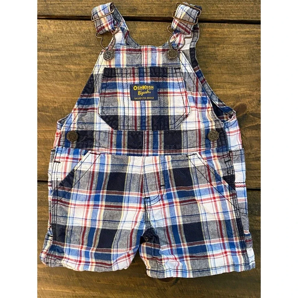 OshKosh B'gosh Plaid Vestbak Shortalls Bib Overalls Blue/Red/White Boys 6 Months